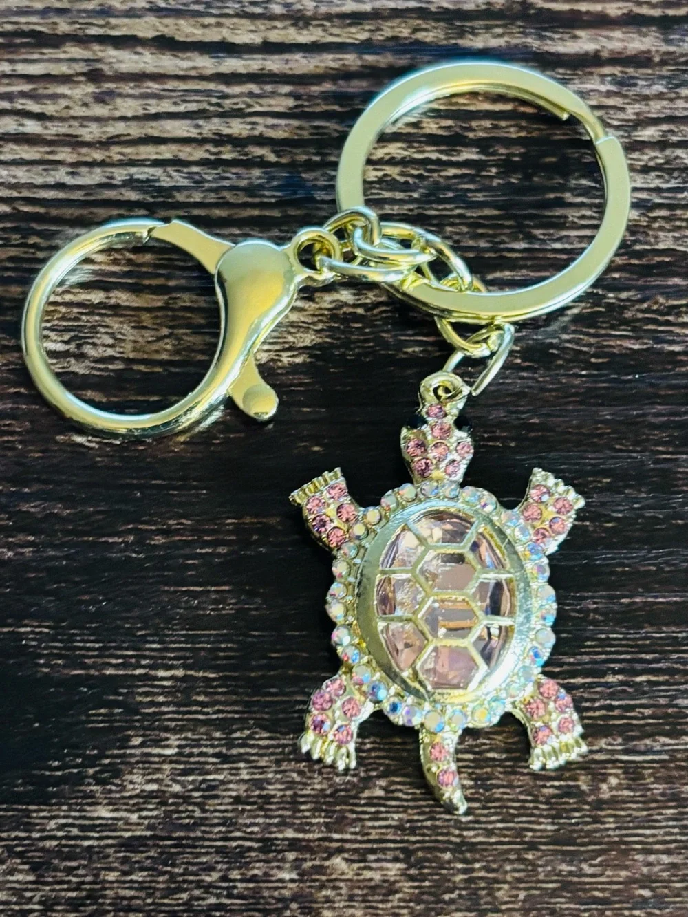 Gold‎ Tone Turtle Keychain with Pink Crystal Rhinestones